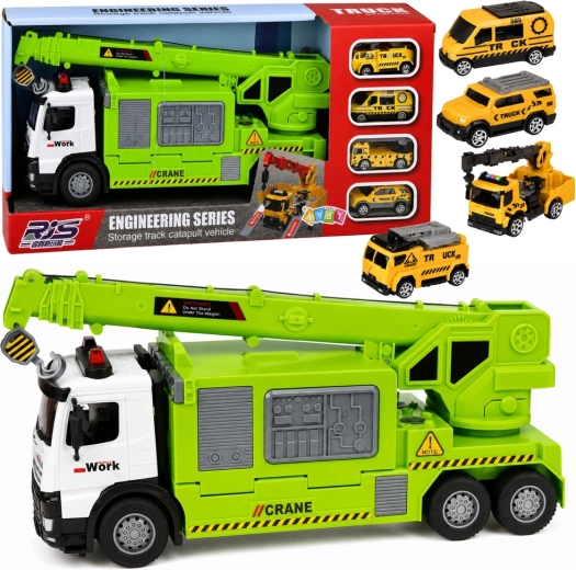 Camión grúa infantil verde con transportador de coches, luces y sonidos (4 vehículos)