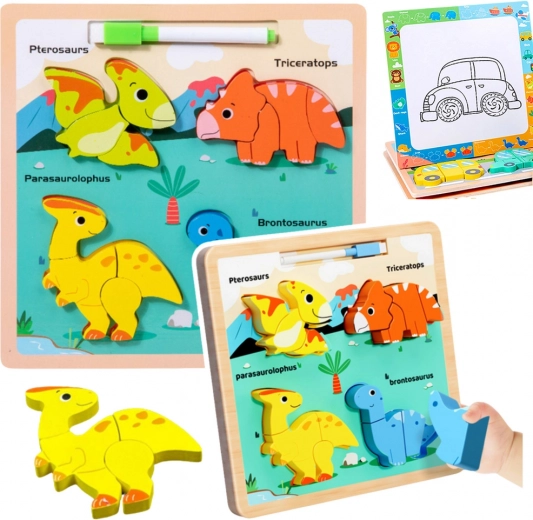 Rompecabezas educativo de madera Dinosaurios con pizarra para dibujar
