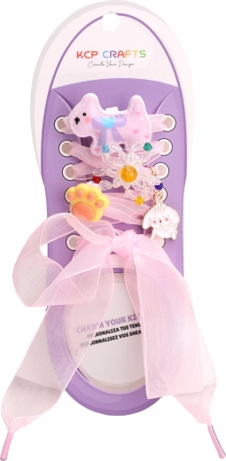 Set de accesorios decorativos para cordones: perrito morado y lazo naranja