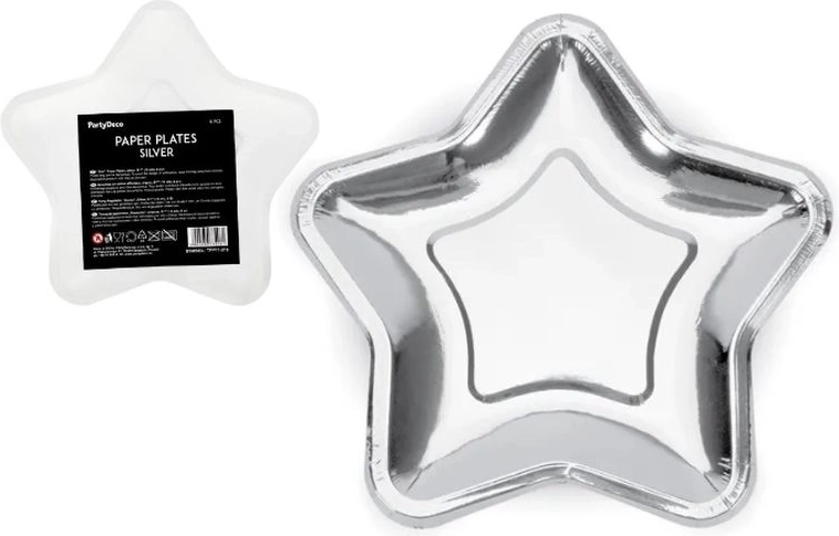 Platos de papel con forma de estrella plateados 18 cm (6 uds.)