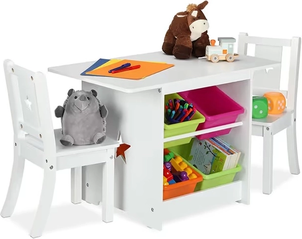 Mesa infantil con 2 sillas y cajas de almacenamiento
