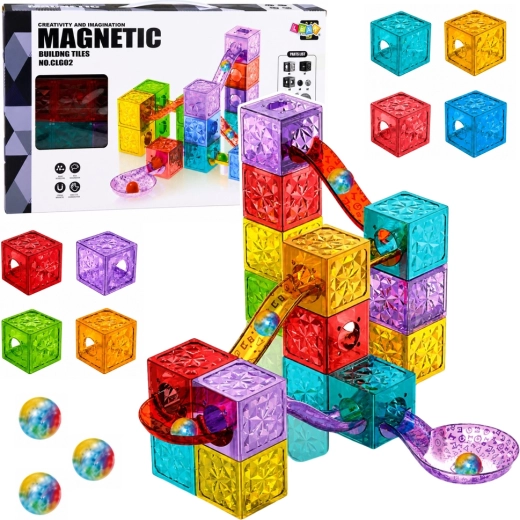 Bloques de construcción magnéticos – pista de canicas, bloques transparentes de colores (28 piezas)