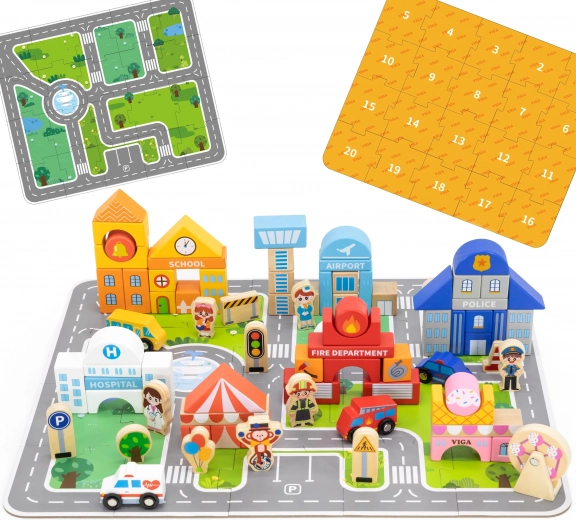 Juego de construcción de madera ciudad Viga con base de puzzle y figuras