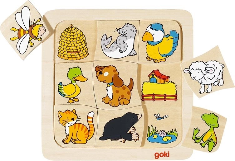 GOKI puzzle de madera encajable ¿quién vive dónde?, 9 piezas