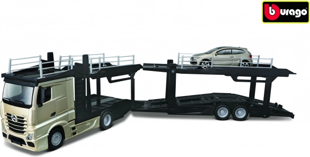 Bburago Street Fire camión con remolque Multicar Carrier Mercedes‑Benz Actros + VW Polo GTI 1:43