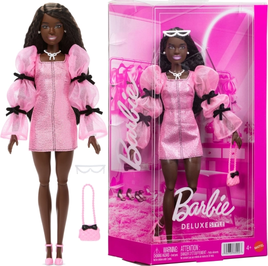 Mattel Barbie Deluxe Style muñeca de moda con atuendo rosa y negro y accesorios