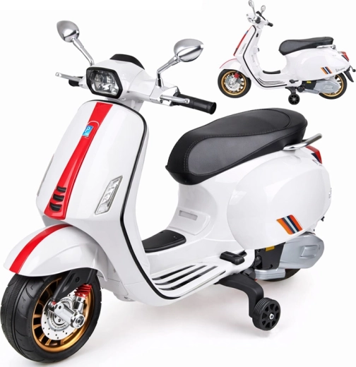 Patinete eléctrico infantil VESPA con ruedines auxiliares y multimedia – Blanca