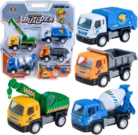 Set de juguetes de obra: grúa, camión volquete, camión de basura y hormigonera
