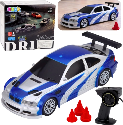 Coche RC de drift E46 4WD 1:43 con conos
