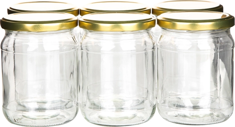 Juego de 6 tarros para conservas de 520 ml con tapas doradas fi 82