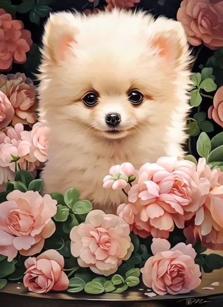 Puzzle de cachorro de Pomerania entre rosas 60 piezas