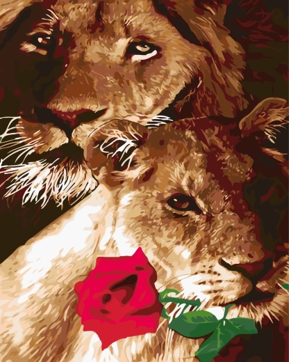 Pintura por números León y leona con rosa 40 × 50 cm