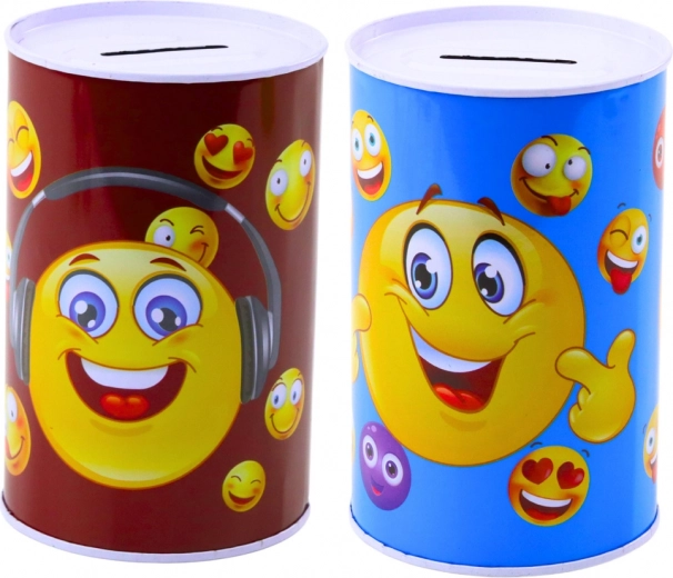Hucha metálica con emoticonos azul y marrón