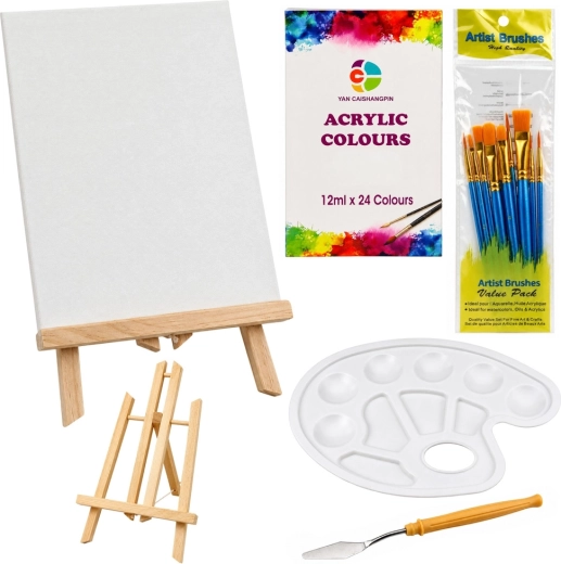 Set de pintura con caballete de sobremesa, 12 lienzos y 24 pinturas acrílicas