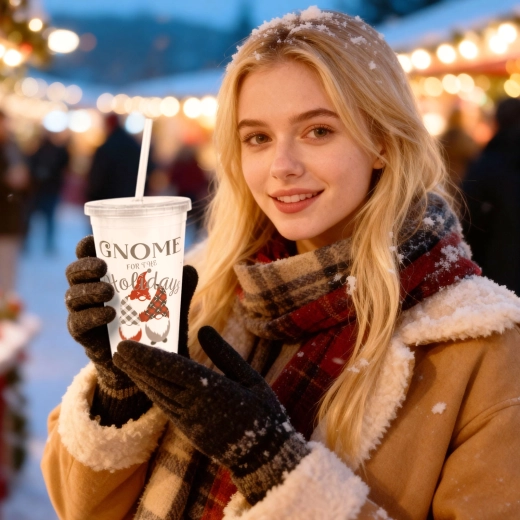 Vaso de plástico navideño con pajita y tapa, 473 ml