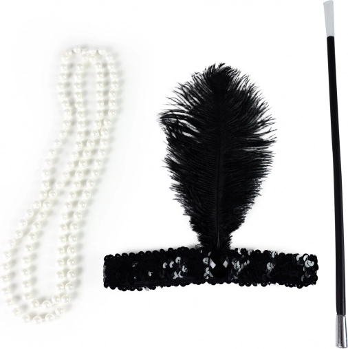 Set para bailarina Charleston: diadema con pluma, collar de perlas y boquilla para cigarrillo
