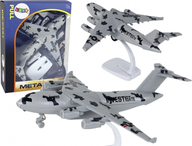 Modelo de avión militar gris UNITED con luces, sonidos y mecanismo de inercia