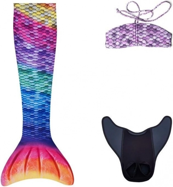 Cola de sirena arcoíris con monoaleta AQUARIS + bikini infantil