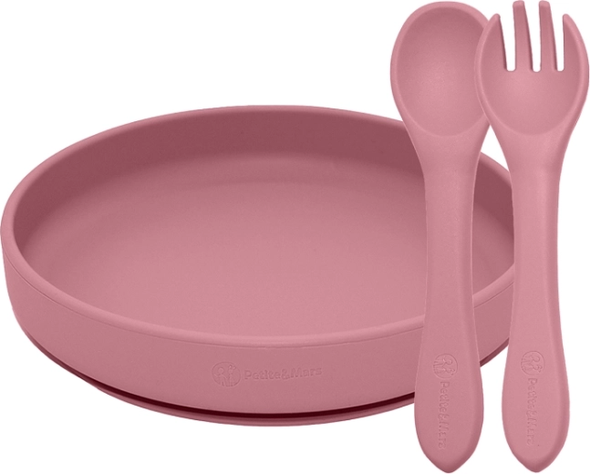 Set de alimentación de silicona Petite&Mars Take&Match – plato con ventosa y cubiertos dusty rose (6m+)