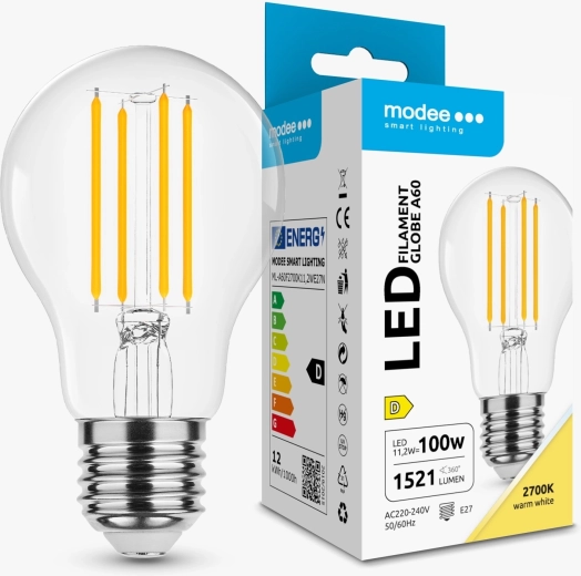 Bombilla LED de filamento Modee Smart Lighting Globe A60 E27 11,2 W blanco cálido