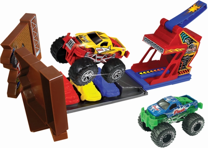 Pista de acrobacias de coches Monster truck con 2 coches metálicos
