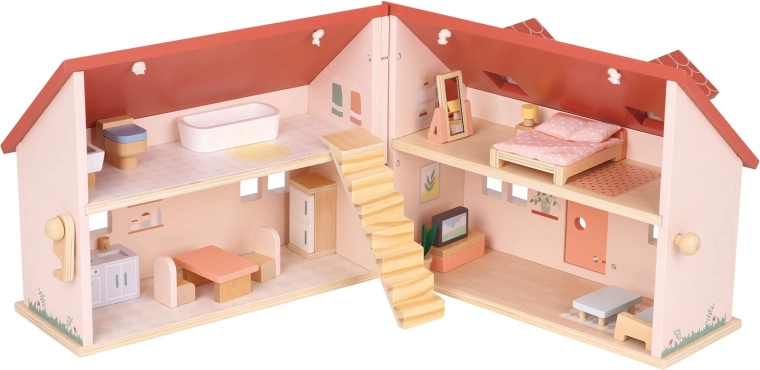 Casita de madera plegable para muñecas con muebles