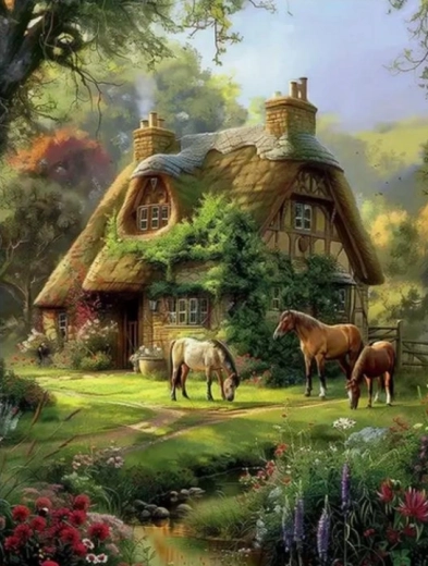 Pintura de diamantes Cabaña del bosque 30 × 40 cm