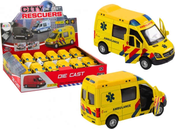 Modelo de ambulancia 1:32 con puertas abatibles y efectos de luz y sonido - amarilla