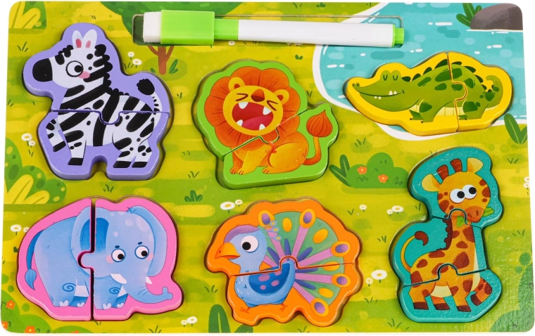 Pizarra de madera de doble cara con superficie reversible y rompecabezas de animales – Safari