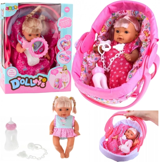 Muñeca bebé interactiva en portabebés con sonidos y accesorios 30 cm