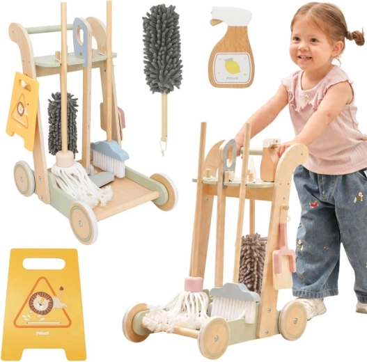 VIGA Carrito de limpieza de madera con accesorios