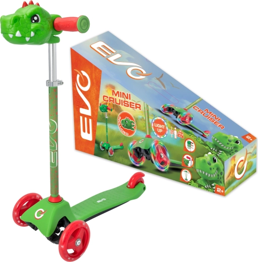 Patinete infantil de tres ruedas EVO Light Up Mini Cruiser Dino con ruedas LED, ajustable en altura