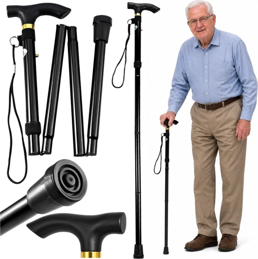 Bastón de caminata plegable telescópico para personas mayores, negro 85–95 cm