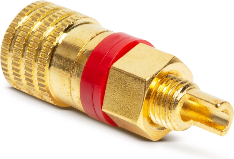 Conector hembra banana aislado y dorado con anillo rojo