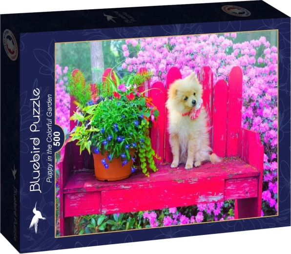 Puzzle Bluebird cachorro en un jardín colorido de 500 piezas
