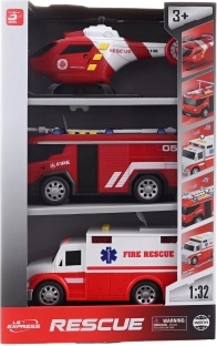 Set de camiones de bomberos y helicóptero con sonido y luz a pilas