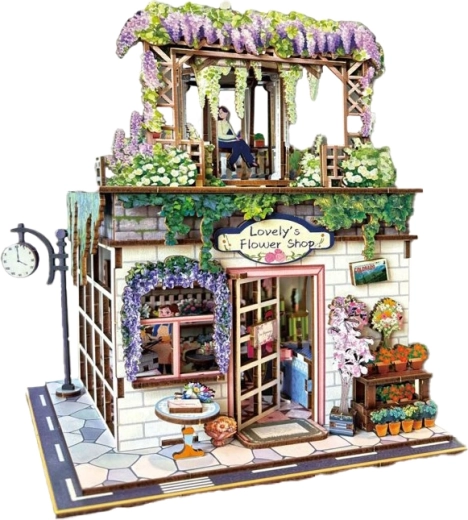 Maqueta de construcción 3D de madera: floristería con efectos de luz
