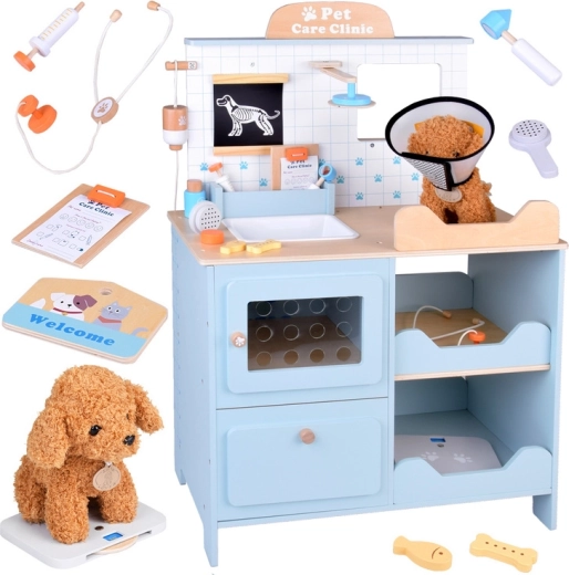 Clínica veterinaria de madera para niños con perrito de peluche