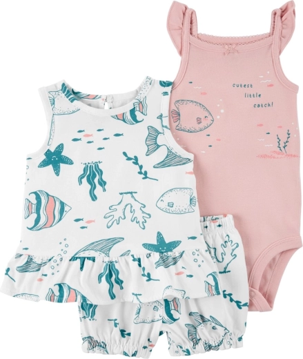 Set de 3 piezas Carter's Pink Ocean para niña (camiseta sin mangas, shorts, body) – 12 m
