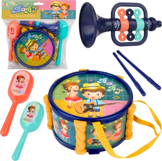 Set musical para niños: tambor, trompeta y sonajeros