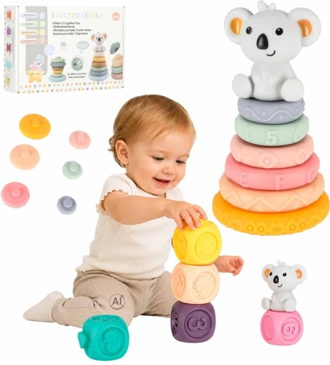 Cubos sensoriales blandos y pirámide con koala – juguete educativo para apilar de 13 piezas