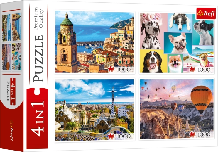 Trefl Puzzle 4x1000 Piezas - Amalfi, Retratos de Perros, Globos sobre Capadocia y Park Güell