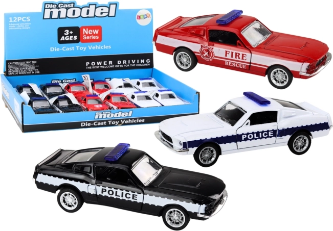 Coche de policía y de bomberos metálico 1:32 con tracción por fricción