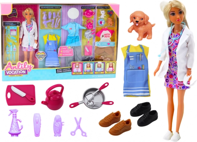 Muñeca Anlily 4 en 1 – doctora, peluquera, cocinera y cuidadora de animales con ropa y accesorios