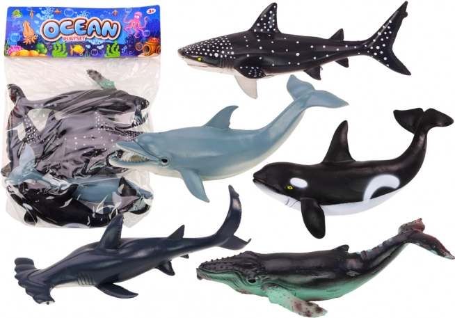 Set de figuras de los animales marinos más grandes: orca, ballena, tiburón, tiburón martillo, tiburón gigante y delfín (6 uds.)
