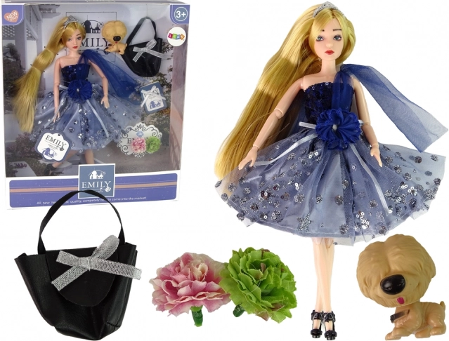 Muñeca Emily con perrito, bolso y flores