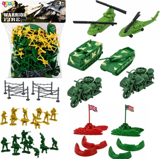Set militar infantil con soldados, vehículos y mapa, 121 piezas