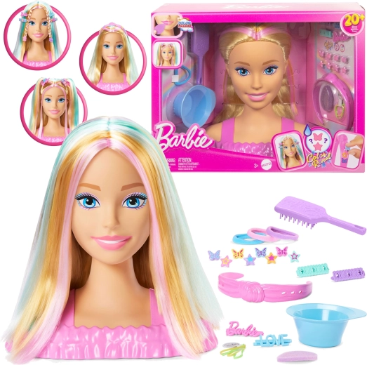 Cabeza Barbie deluxe para peinar y crear peinados con cabello rubio y accesorios