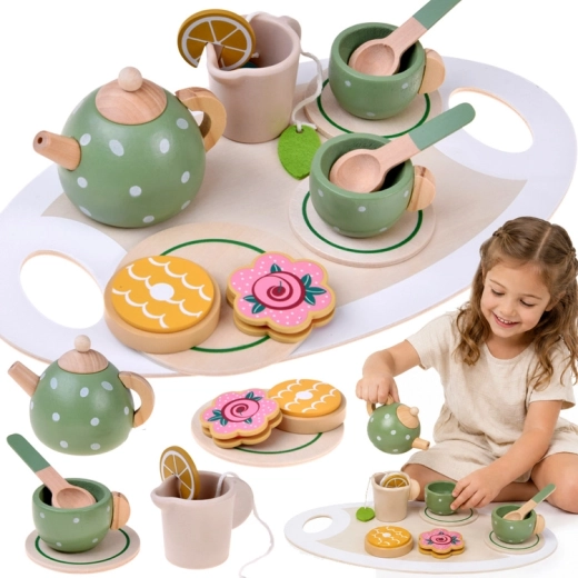Juego de té de madera para niños color pistacho – 15 piezas