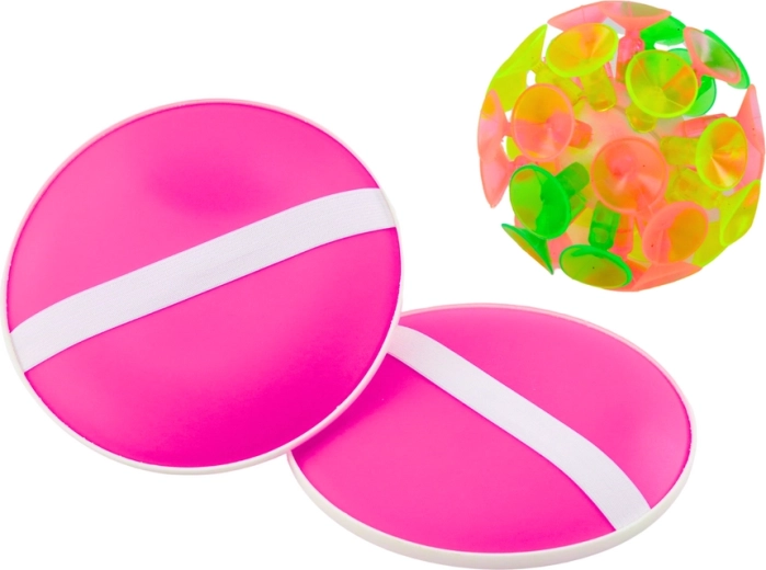 Juego de habilidad con paletas circulares y pelota con ventosas rosa